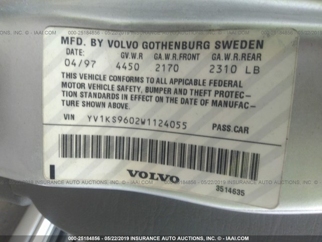 YV1KS9602W1124055 - 1998 VOLVO S90 SILVER photo 9