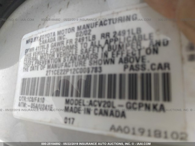 2T1CE22P12C008783 - 2002 TOYOTA CAMRY SOLARA SE SILVER photo 9