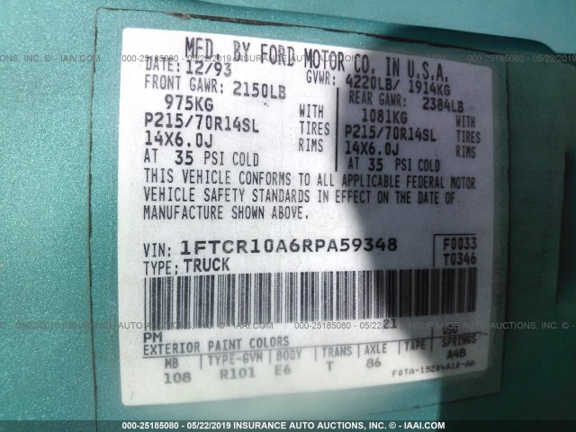 1FTCR10A6RPA59348 - 1994 FORD RANGER GREEN photo 9