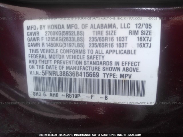 5FNRL38636B415669 - 2006 HONDA ODYSSEY EXL RED photo 9