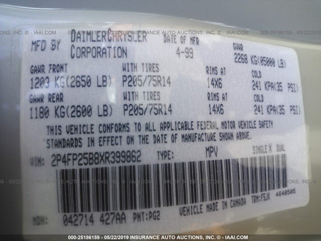 2P4FP25B8XR399862 - 1999 PLYMOUTH VOYAGER GRAY photo 9