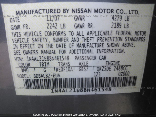 1N4AL21E88N461548 - 2008 NISSAN ALTIMA 2.5/2.5S SILVER photo 9