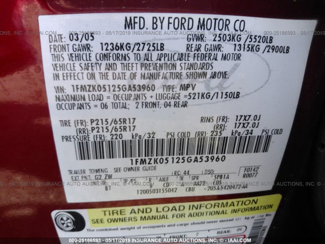 1FMZK05125GA53960 - 2005 FORD FREESTYLE SEL RED photo 9