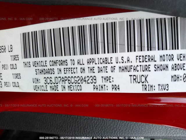 3C6JD7AP6CG204239 - 2012 DODGE RAM 1500 ST RED photo 9