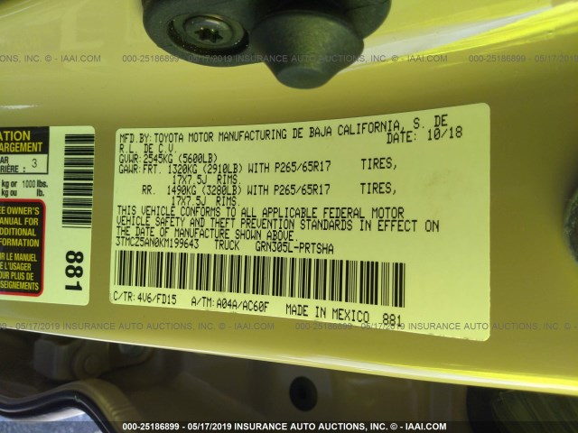 3TMCZ5AN0KM199643 - 2019 TOYOTA TACOMA DOUBLE CAB/SR/SR5/TRD SPO BEIGE photo 9