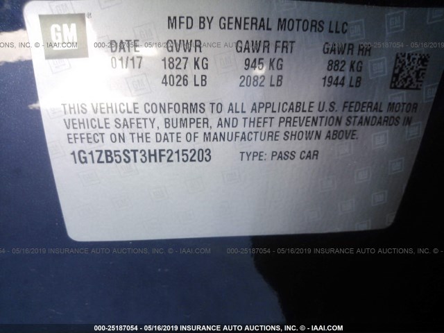 1G1ZB5ST3HF215203 - 2017 CHEVROLET MALIBU LS Қою көк фото 9