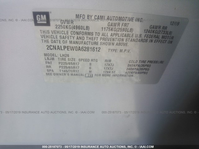 2CNALPEW0A6281612 - 2010 CHEVROLET EQUINOX SILVER photo 9