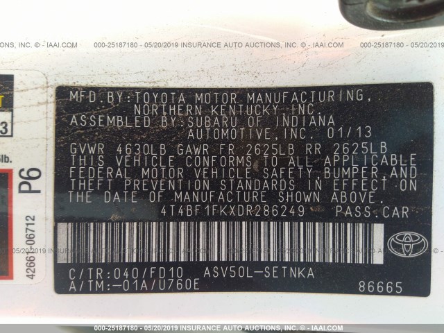 4T4BF1FKXDR286249 - 2013 TOYOTA CAMRY L/SE/LE/XLE 白色 照片 9