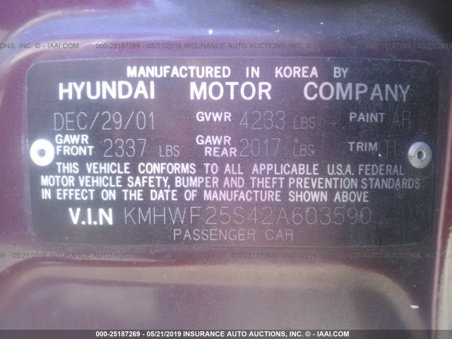 KMHWF25S42A603590 - 2002 HYUNDAI SONATA GL BURGUNDY photo 9