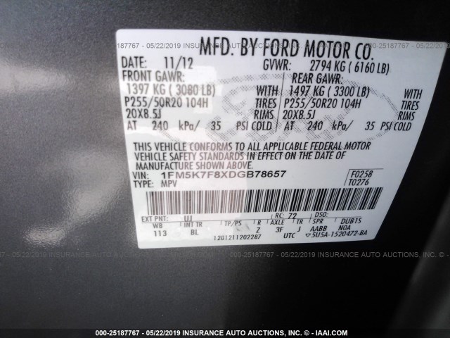 1FM5K7F8XDGB78657 - 2013 FORD EXPLORER LIMITED GRAY photo 9