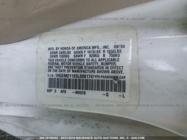 1HGEM211X5L008174 - 2005 HONDA CIVIC DX VP WHITE photo 9