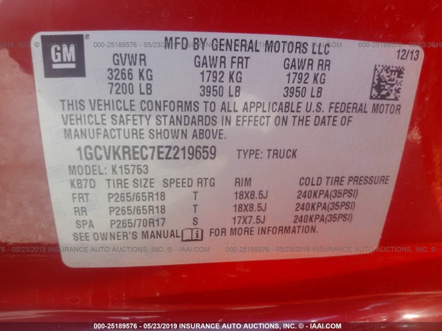 1GCVKREC7EZ219659 - 2014 CHEVROLET SILVERADO K1500 LT RED photo 9