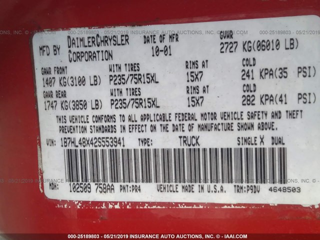 1B7HL48X42S553941 - 2002 DODGE DAKOTA QUAD SLT RED photo 9