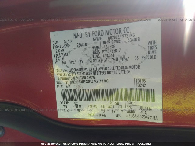 1FMEU64E38UA77190 - 2008 FORD EXPLORER EDDIE BAUER RED photo 9