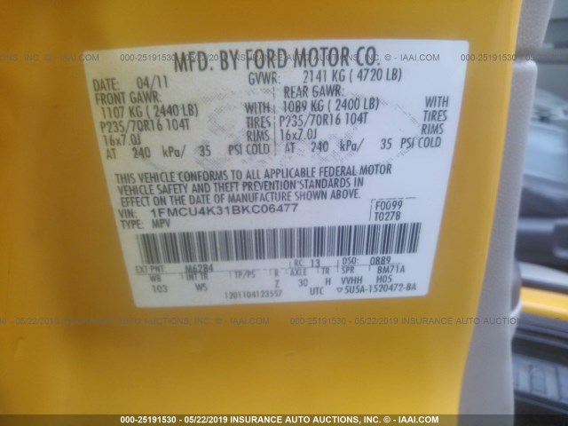 1FMCU4K31BKC06477 - 2011 FORD ESCAPE HYBRID YELLOW photo 9