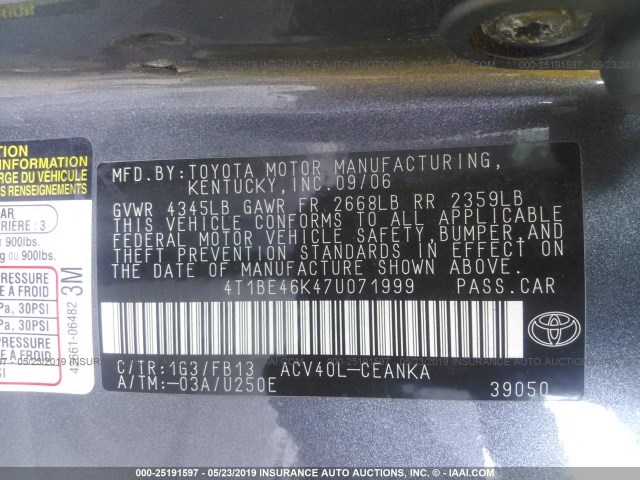 4T1BE46K47U071999 - 2007 TOYOTA CAMRY NEW GENERAT CE/LE/XLE/SE GRAY photo 9