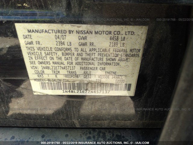 1N4BL21E77N457137 - 2007 NISSAN ALTIMA 3.5SE/3.5SL BLACK photo 9