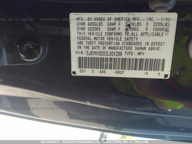 5J6YH18203L001296 - 2003 HONDA ELEMENT DX BLACK photo 9