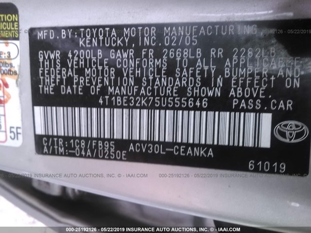 4T1BE32K75U555646 - 2005 TOYOTA CAMRY LE/XLE/SE SILVER photo 9