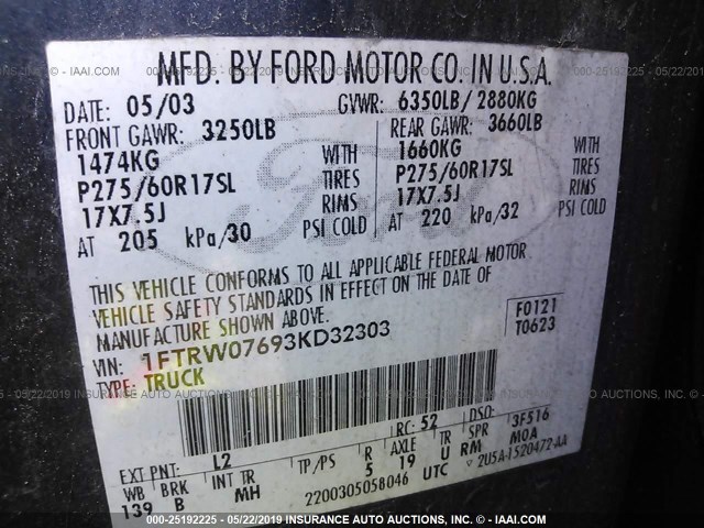 1FTRW07693KD32303 - 2003 FORD F150 SUPERCREW BLUE photo 9