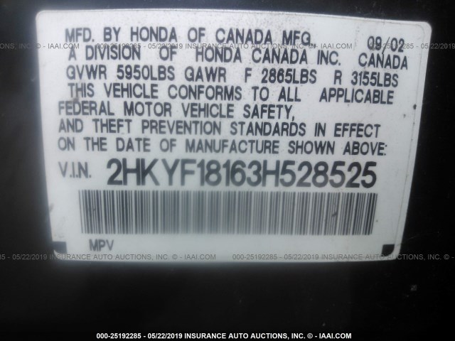 2HKYF18163H528525 - 2003 HONDA PILOT LX BLACK photo 9