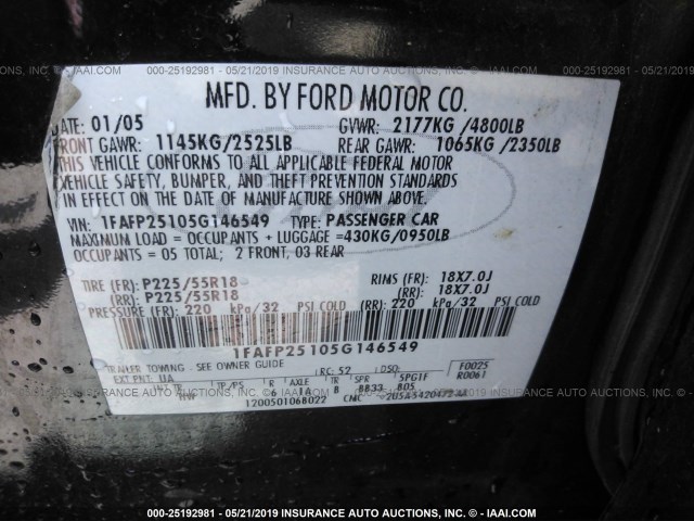 1FAFP25105G146549 - 2005 FORD FIVE HUNDRED LIMITED BLACK photo 9