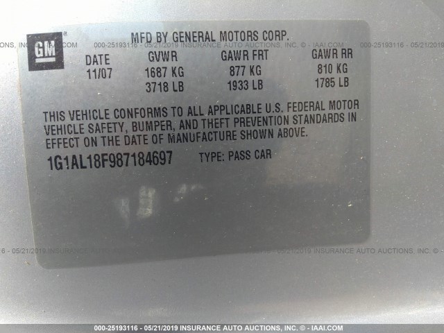 1G1AL18F987184697 - 2008 CHEVROLET COBALT LT SILVER photo 9