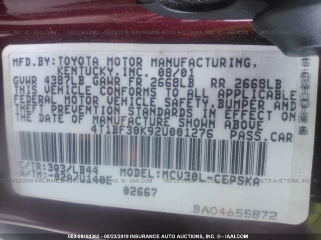 4T1BF30K92U001276 - 2002 TOYOTA CAMRY LE/XLE/SE RED photo 9