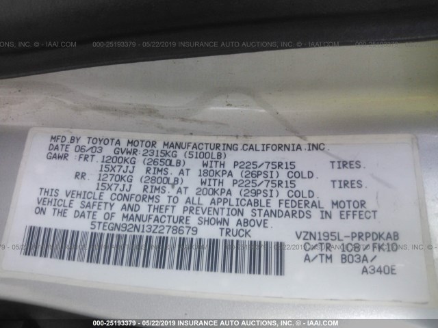 5TEGN92N13Z278679 - 2003 TOYOTA TACOMA DOUBLE CAB PRERUNNER GRAY photo 9