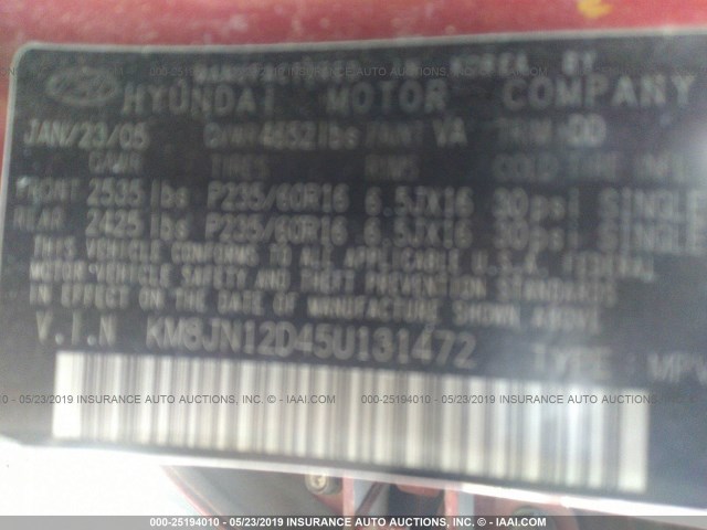 KM8JN12D45U131472 - 2005 HYUNDAI TUCSON GLS/LX RED photo 9