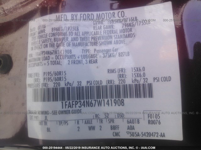 1FAFP34N67W141908 - 2007 FORD FOCUS ZX4/S/SE/SES 红色 照片 9