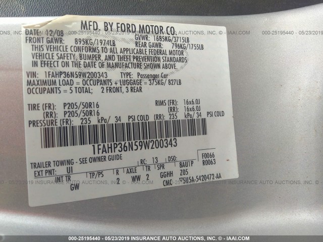 1FAHP36N59W200343 - 2009 FORD FOCUS SES GRAY photo 9