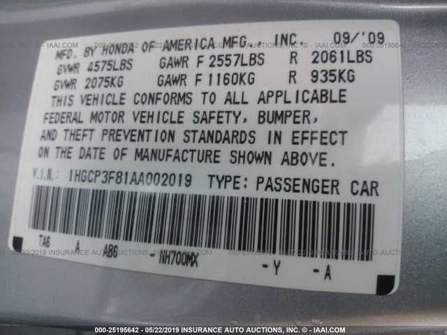 1HGCP3F81AA002019 - 2010 HONDA ACCORD EXL SILVER photo 9