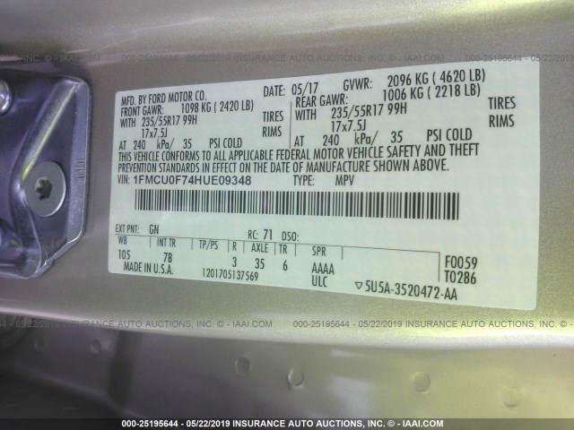 1FMCU0F74HUE09348 - 2017 FORD ESCAPE S GOLD photo 9