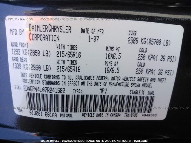 2D4GP44L07R241582 - 2007 DODGE GRAND CARAVAN SXT BLUE photo 9