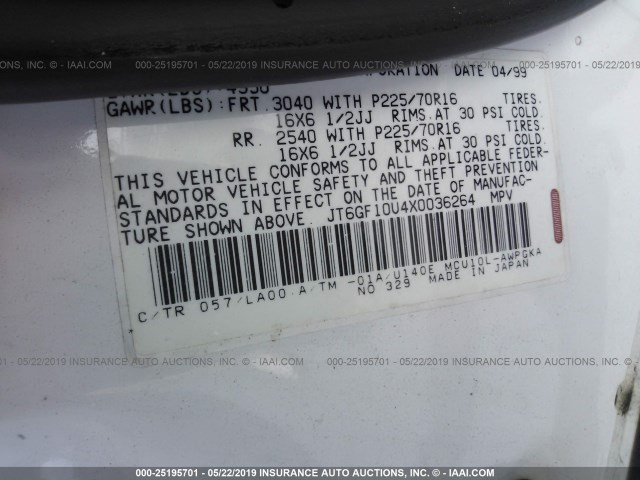 JT6GF10U4X0036264 - 1999 LEXUS RX 300 WHITE photo 9