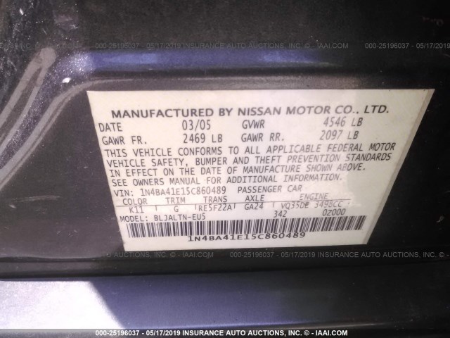 1N4BA41E15C860489 - 2005 NISSAN MAXIMA SE/SL GRAY photo 9