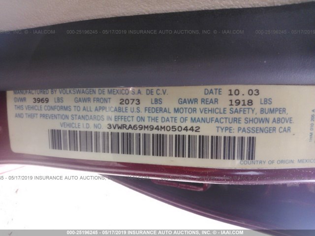 3VWRA69M94M050442 - 2004 VOLKSWAGEN JETTA GL BURGUNDY photo 9