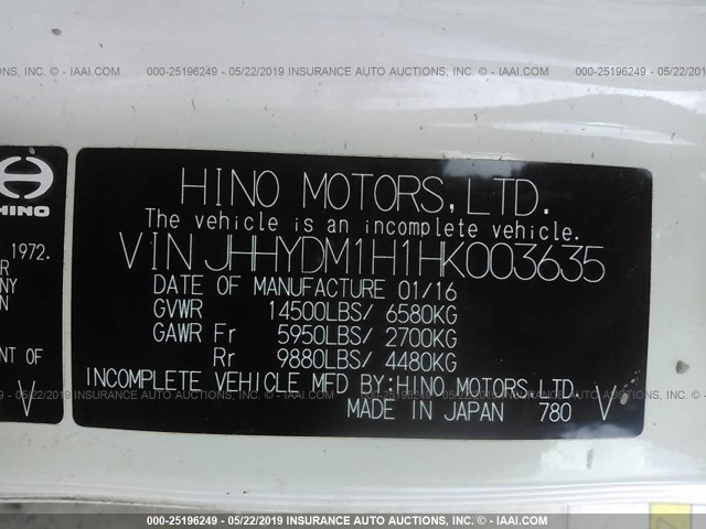 JHHYDM1H1HK003635 - 2017 HINO 155 WHITE photo 9