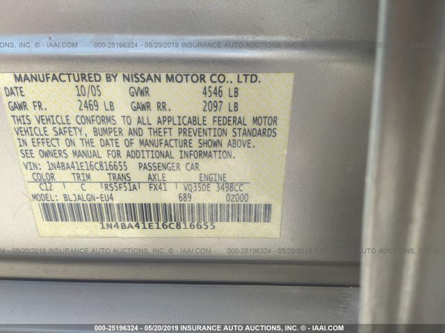 1N4BA41E16C816655 - 2006 NISSAN MAXIMA SE/SL BEIGE photo 9