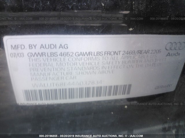 WAUJT68E44A032834 - 2004 AUDI A4 3.0 BLACK photo 9