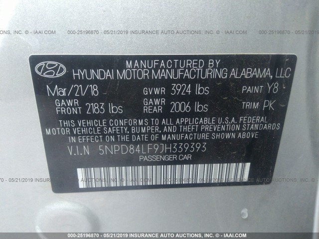 5NPD84LF9JH339393 - 2018 HYUNDAI ELANTRA SEL/VALUE/LIMITED SILVER photo 9