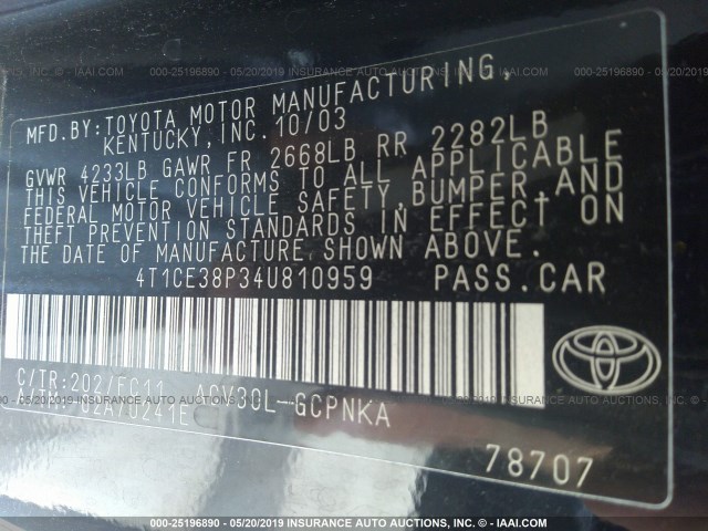 4T1CE38P34U810959 - 2004 TOYOTA CAMRY SOLARA SE/SLE BLACK photo 9