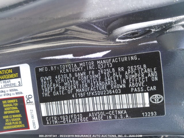 4T1BF1FK5DU236403 - 2013 TOYOTA CAMRY L/SE/LE/XLE 灰色 照片 9