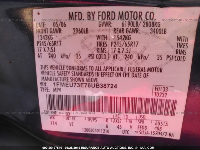 1FMEU73E76UB38724 - 2006 FORD EXPLORER XLT BLUE photo 9