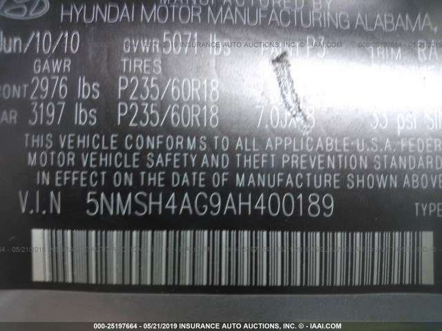 5NMSH4AG9AH400189 - 2010 HYUNDAI SANTA FE SE GRAY photo 9