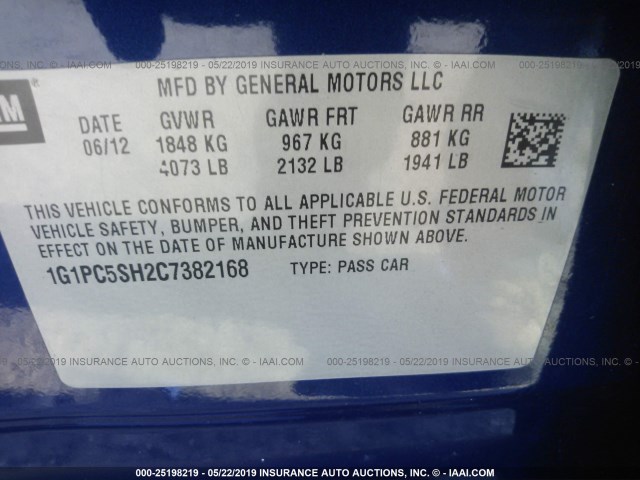 1G1PC5SH2C7382168 - 2012 CHEVROLET CRUZE LS BLUE photo 9