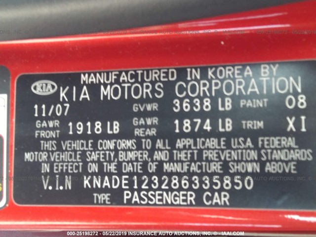 KNADE123286335850 - 2008 KIA RIO LX/SX RED photo 9