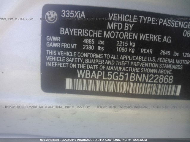 WBAPL5G51BNN22868 - 2011 BMW 335 XI SILVER photo 9