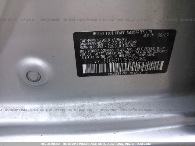 JF1GE61638H500999 - 2008 SUBARU IMPREZA 2.5I SILVER photo 9